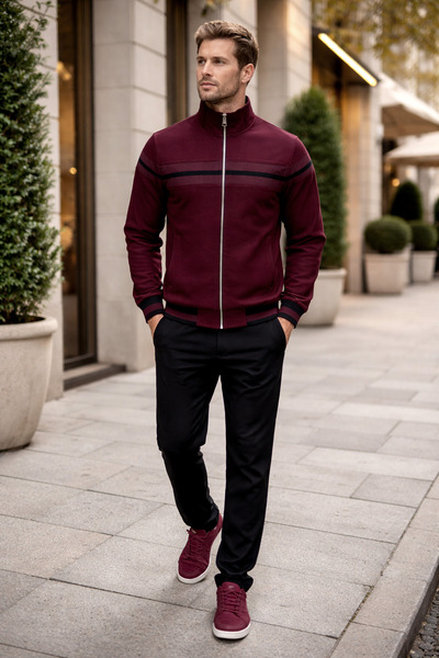 BESSA Burgundy Stand Collar Tracksuit Set with Zipper Pockets, Straight Leg, ...