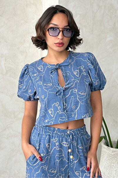VERYMODA Embroidered Front Tie Blouse - Dark Blue |   D2790