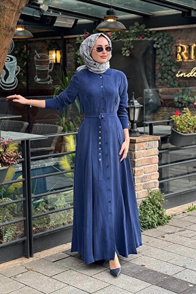 MISS DALIDA Yaka Ve Bilekleri Triko Cupra Elbise T26Y-4010 İndigo