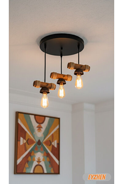 Eyzhen Rustik Ahşap 3 Lü Avize Halat Detaylı Siyah Metal Gövdeli Dekoratif Sa...