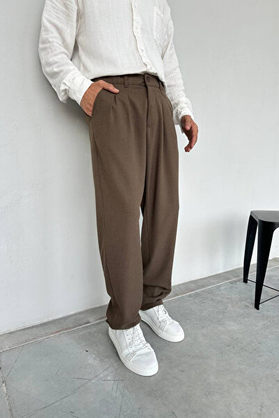 Wonraces Men's Brown Pleated Elastic Waist Baggy Premium Fabric Trousers
