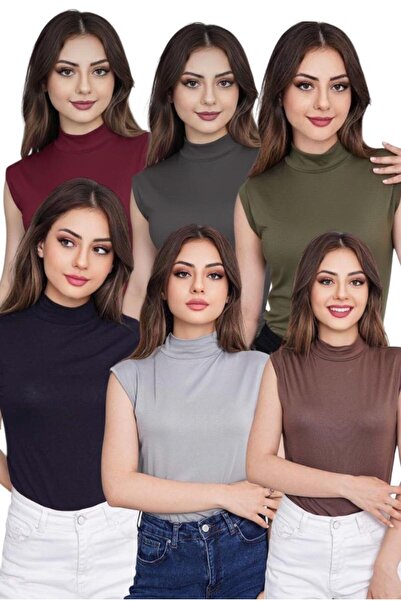 bykombincim Kadın 6'lı Sıfır Kol Kolsuz Body Viskon Boğazlı Badi 6 Adet Balıkçı