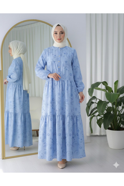 bellura Kolu Lastikli Yarım Düğmeli Jakar Baskılı Elbise