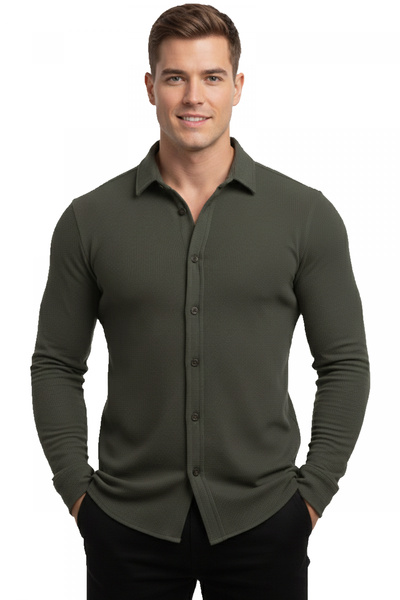 DeepSEA Haki Slim Fit Örme Kumaş Likralı Erkek Gömlek – Nefes Alan Esnek ve Modern Tasarım 2602604