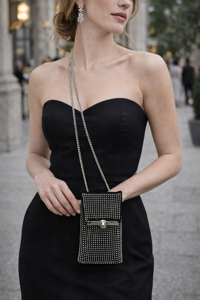 CROCUS DESIGN Siyah taş tasarım telefon çantası