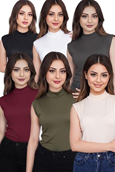 bykombincim Kadın 6'lı Sıfır Kol Kolsuz Body Viskon Boğazlı Badi 6 Adet Balıkçı