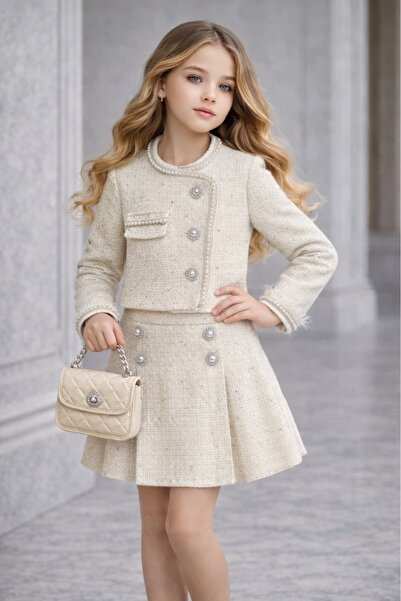 By Feyza Kids Collection Jachetă și fustă din tweed ecru pentru fete, cu gean...