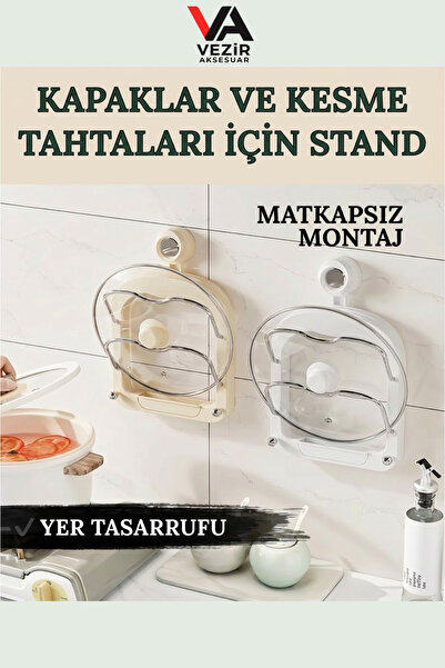 BUFFER®PX Vantuzlu Mutfak Tava Tencere Kapak Tutucu | Duvara Monte Organizer Raf