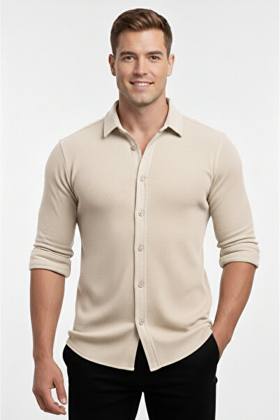 DeepSEA Beige Slim Fit Knitted Fabric Lycra Men's Shirt – Breathable, Flexibl...