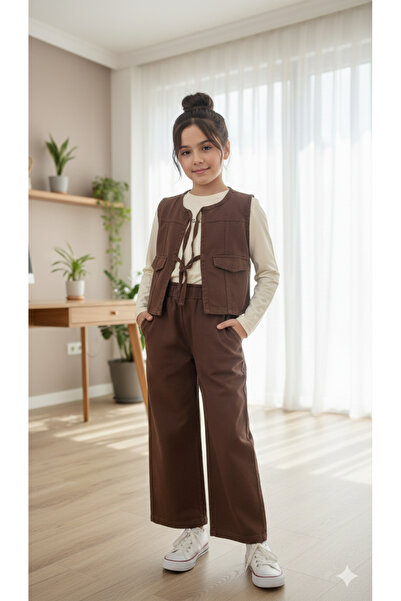 ALYAKİDS Eid Festival Girls' Wide-Legged Pants and Vest Set Cotton Gabardine ...