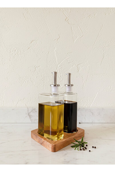 Luca Mia Olive Acacia Glass Oil Bottle Set with Stand