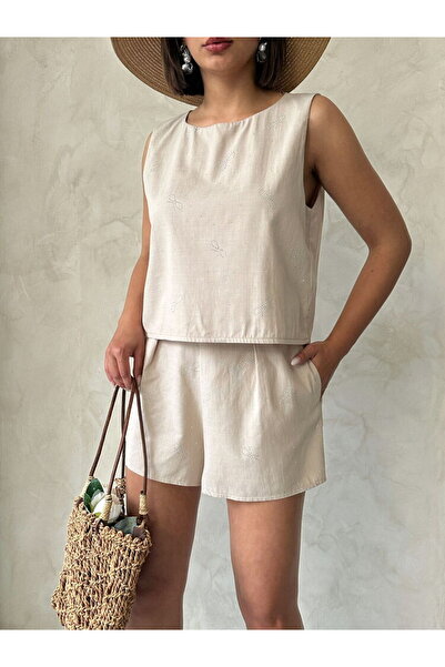 Caddebostan Moda Bow Stone Printed Sleeveless Blouse Stylish Crew Neck Top