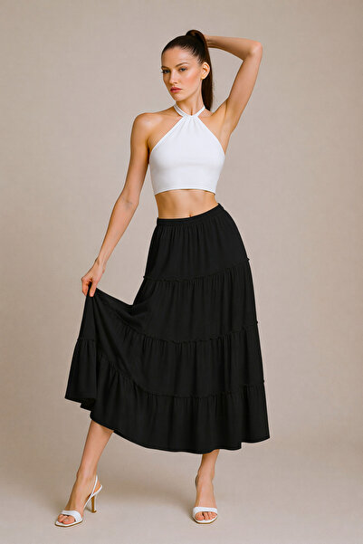 Kahra Collection Black Basic Pleated Women's Long Skirt