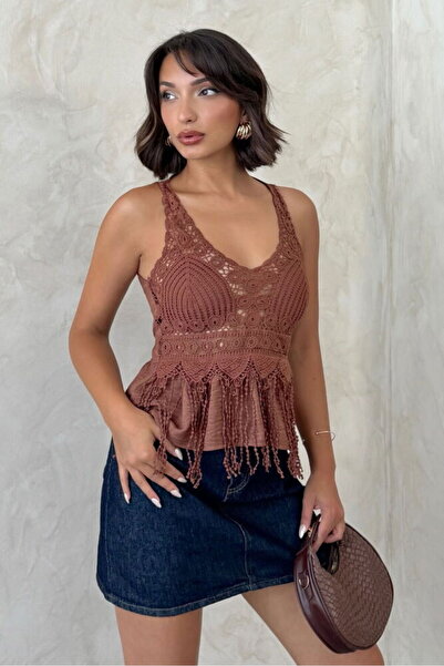 VERYMODA Lace Detailed Strappy Blouse - Brown |   D2892