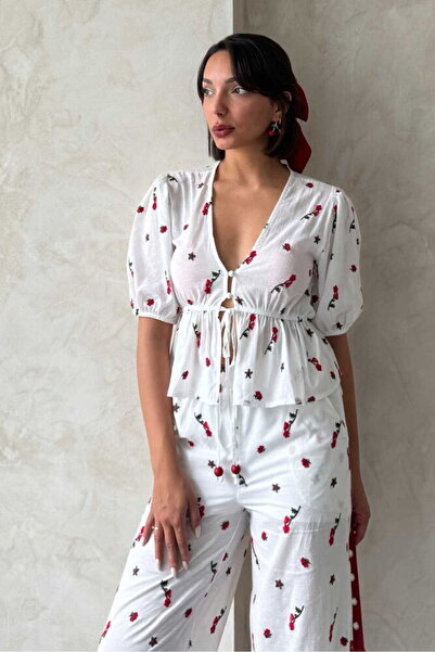 Caddebostan Moda Embroidered Voile Blouse V-Neck Balloon Sleeve Tie-Waist Pep...