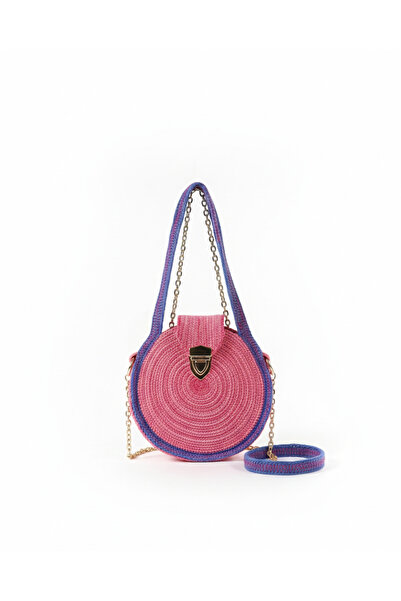 YabuCraft Yuvarlak Pembe Omuz Çantası – Mavi Detaylı & Gold Kilitli