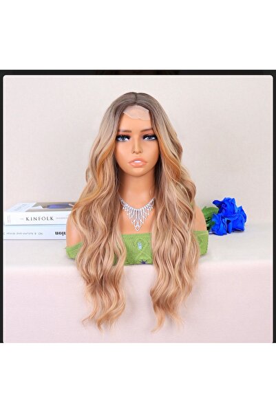 Handmade Koyu kumral dore sarı ombreli perçem bakır ışıltılı tül peruk vip ka...