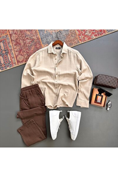 tiggir moda Men's Muslin Fabric Shirt and Pants 2-Piece Set