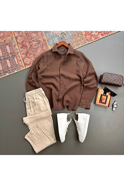 tiggir moda Men's Muslin Fabric Shirt and Pants 2-Piece Set