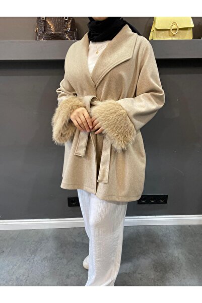 monalivabutik BEJ KOLU KÜRKLÜ KAŞE KABAN