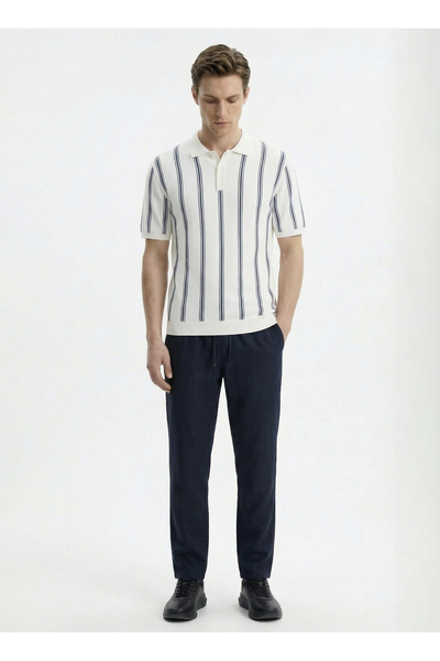 Fabrika Polo Yaka Regular Fit Çizgili Beyaz Erkek Kazak FC5SM-KZK 2760.