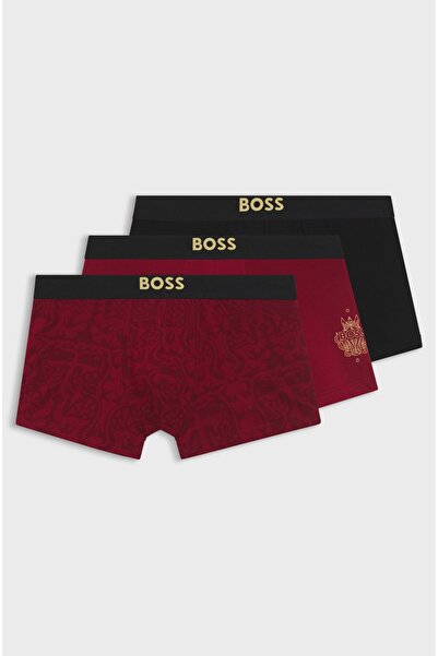 BOSS Men's Logo Detailed Elastic Waistband Triple Pack Red Boxer Briefs 50558...