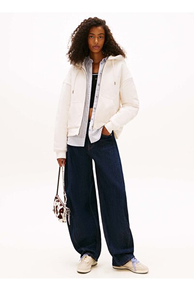 Tommy Jeans Kapüşon Yaka Düz Beyaz Kadın Sweatshırt TJW BXY GMD SCRIPT ZIP THRU