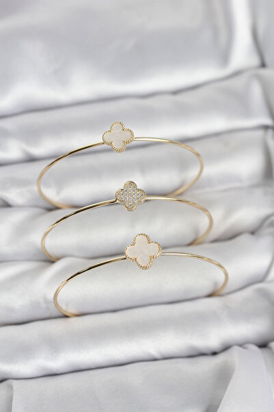 CT STONES Gold Color Clover Model Zircon Stone 3-Piece Women's Bracelet Combi...