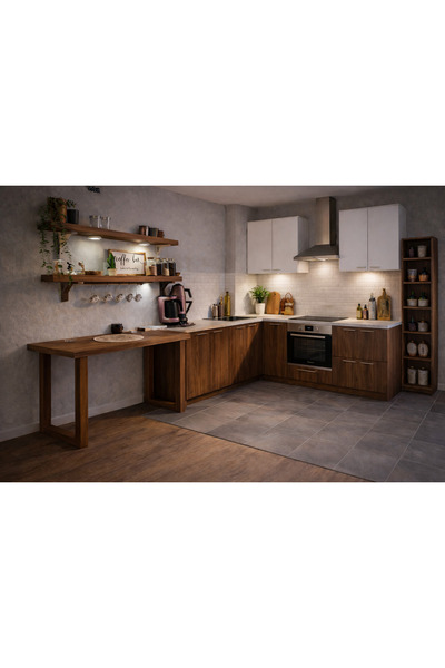 PREMIUM HOME DEKOR 60 x 120 MASA + 2 RAF DOĞAL AHŞAP KAHVE/BAR KÖŞESİ (HER EB...