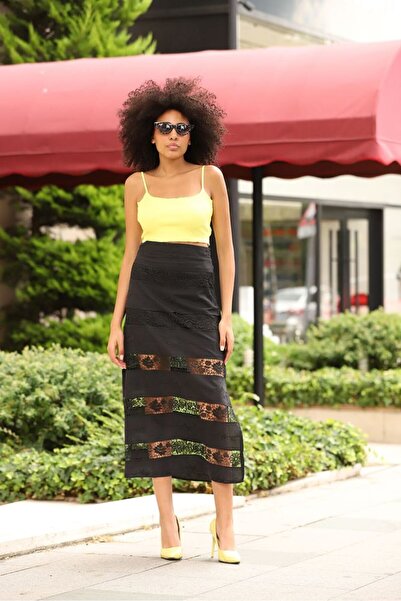 Caddebostan Moda Women's Lace Piece Mesh Detailed Slit Midi Length A-Line Skirt