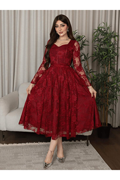 TREN Eid Ramadan Deep Red Lace Midi Dress Women Sweetheart Sheer Sleeves Flar...