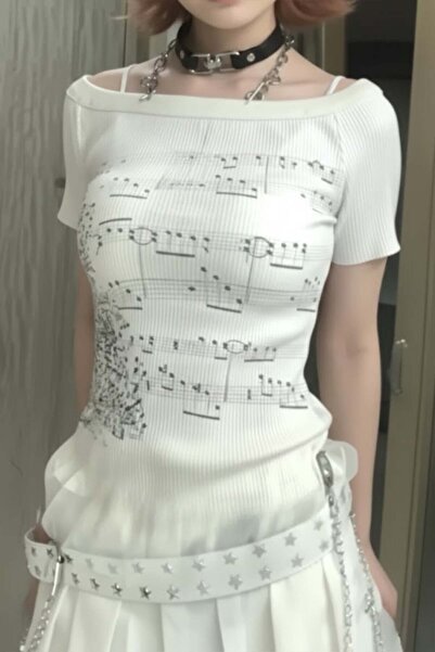 Karakedi Musical Note Pattern Y2K Short Sleeve Blouse