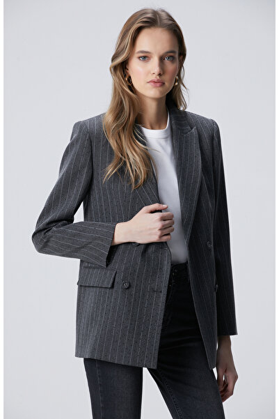 Network Koyu Gri Taşlı Çizgili Ceket