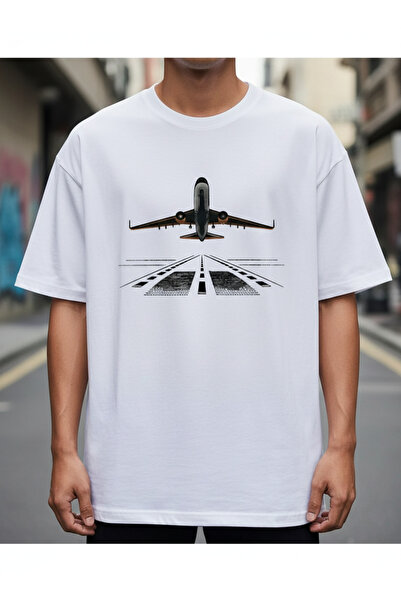LOTS MODA Uçak Baskılı Unisex Tişört %100 Pamuk Oversize Havacılık Konsept Beyaz T-Shirt