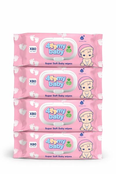 4My Baby مناديل مبللة فائقة النعومة، 320 منديل (4 عبوات × 80 منديل) - برائحة ...