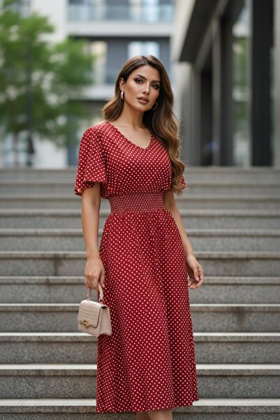 Mossta V-Neck Polka Dot Flared Midi Single Jersey Dress - Red