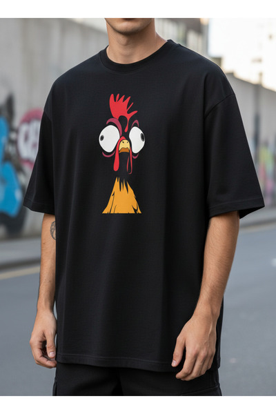 LAND MODA Unisex Μαύρο βαμβακερό μπλουζάκι με σχέδιο κοτόπουλου με αστεία στά...