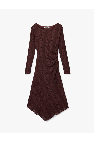 Koton Long Sleeve Crew Neck Draped Asymmetrical Midi Lace Dress
