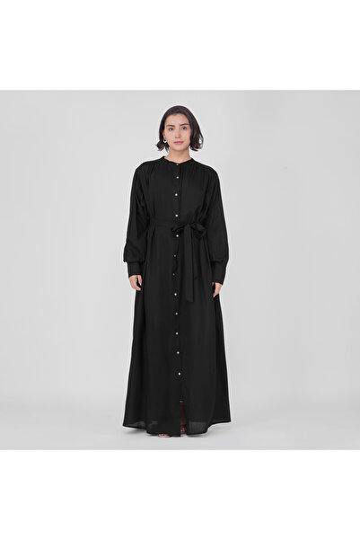 LINELLE فستان أسود طويل من قماش قماش بوبلين قطن