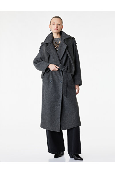 Koton Long Sleeve Pocketed Buttoned Belted Long Double-Breasted Cashmere Coat