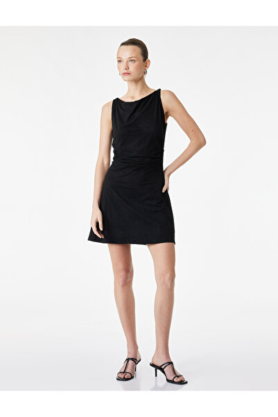Koton Slim Fit Kayık Round Neck Strap Faux Suede Mini Dress