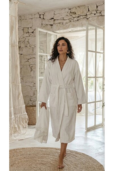 Minteks Halat de baie pentru femei, tip kimono, cu dantelă