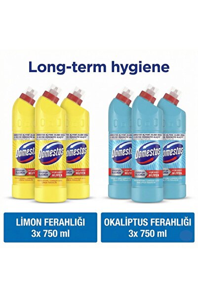 Domestos Bleach Lemon Freshness 750 ml X3 + Bleach Eucalyptus Freshness 750 m...
