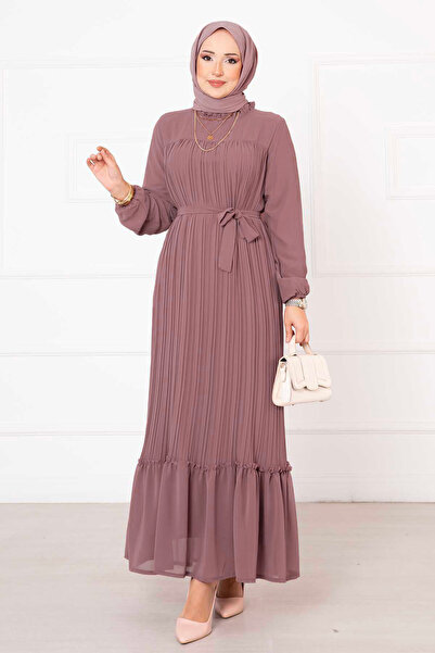 EBRUTESETTÜR Kuşaklı Piliseli Şifon Tesettür Tesettür Elbise Gülkurusu