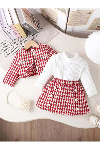 OEM Ținută roșie cu carouri carouri pentru fetițe, cu sacou, top cu guler îna...