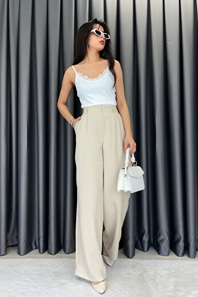 Gökkuşağı بنطلون واسع الساقين من قماش بالازو مطوي مزدوج - بيج