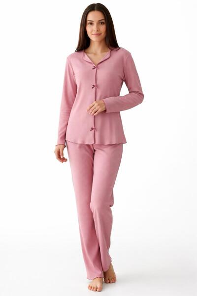 new ats Corded Fabric Soft Cotton Bow Detail Long Sleeve Women's Pajama Set