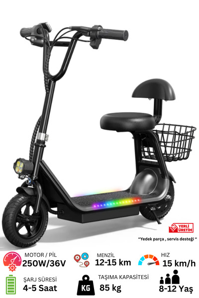 Sportaj Harley Elektrikli Çocuk Scooter Oturaklı Sepetli Led Işıklı 8-12 Yaş ...