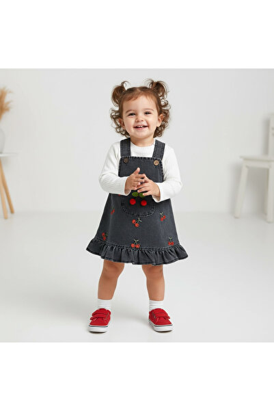 Leni Kids Kız Bebek Kot Salopet Elbise Kiraz Desenli , Uzun Kollu Bluz Takım