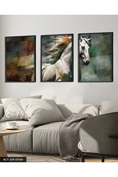Burshe Asil At 3 Parça Siyah Ahşap Çerçeveli Tablo ACT